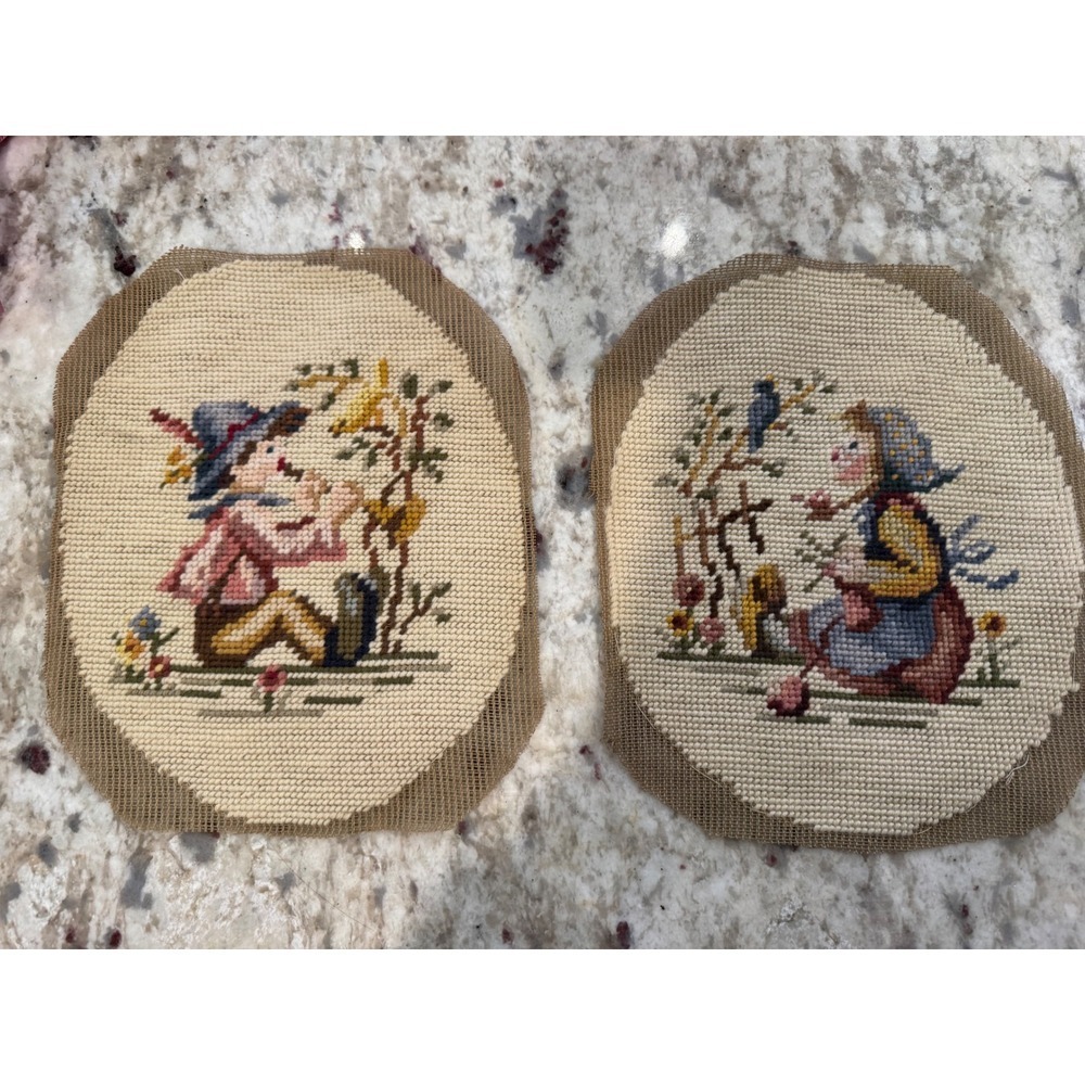 Vintage Needlepoint Pair Children Playing Outdoors Rustic Farmhouse Decor